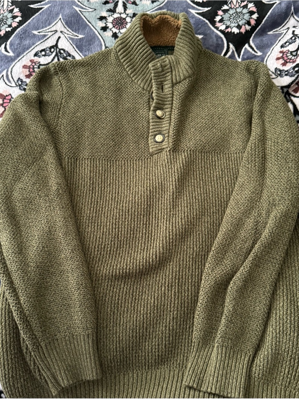 GH Bass Men's Olive Green Button-Neck Knit Sweater - Size Large